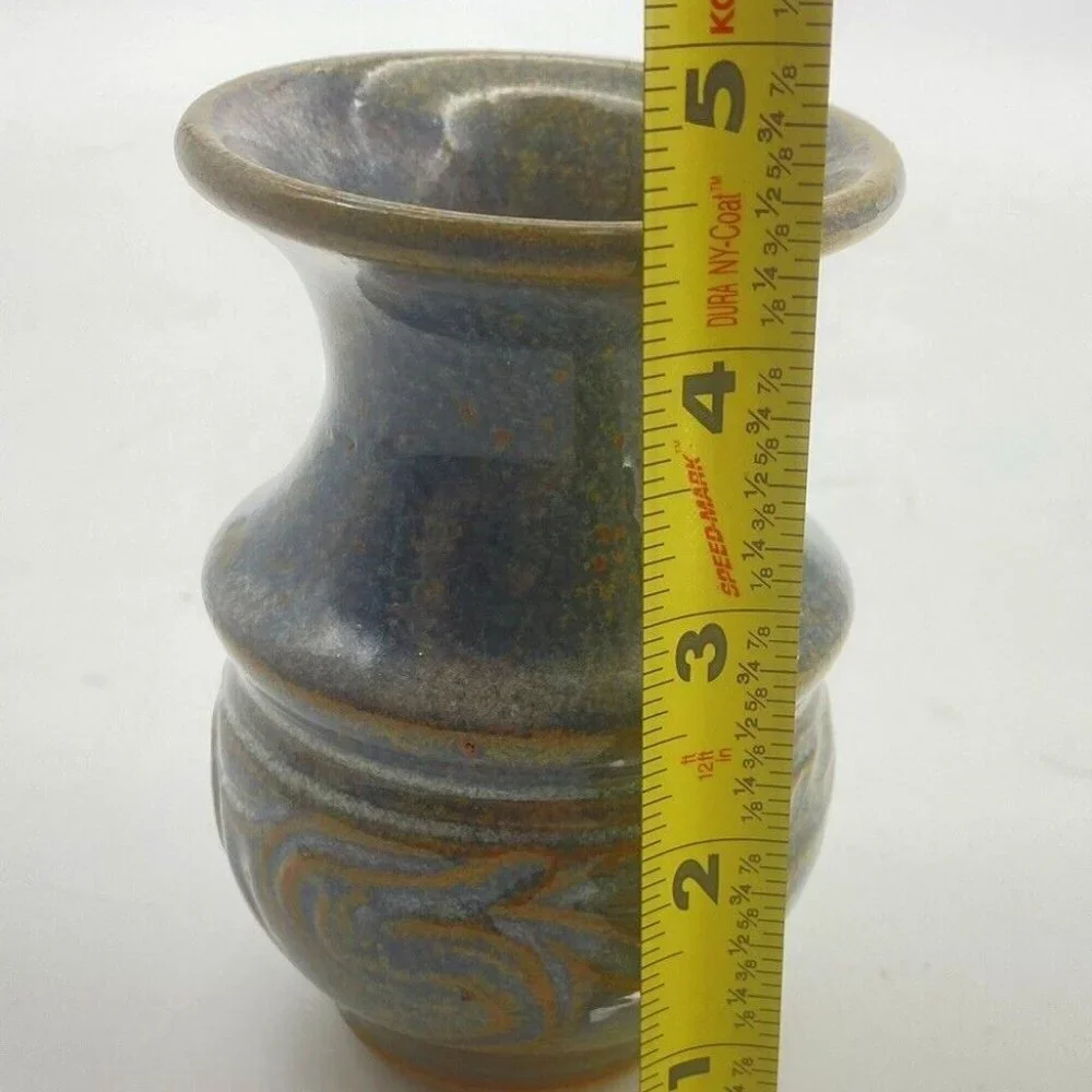 VTG Signed Studio Art Pottery Vase Blue Brown Speckled Glaze Stoneware 4.5